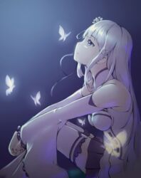  absurdres black_skirt blue_background blue_eyes breasts bug butterfly commentary_request detached_sleeves emilia_(re:zero) female flower gradient_background grey_hair hair_flower hair_ornament hair_ribbon highres long_hair looking_up medium_breasts miniskirt pleated_skirt re:zero_kara_hajimeru_isekai_seikatsu ribbon shirt shoshinsha_kibakiba silver_ribbon sitting skirt sleeveless sleeveless_shirt solo very_long_hair white_flower white_shirt 