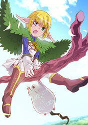  1boy blonde_hair blue_sky boots brown_footwear cloak commentary_request crossdressing day elf gloves green_eyes hamster hamsuke heterochromia long_sleeves male_focus mare_bello_fiore miniskirt open_mouth otoko_no_ko outdoors overlord_(maruyama) pleated_skirt pointy_ears purple_eyes ribbon rurukichi short_hair skirt sky staff thighhighs vest white_gloves white_legwear white_skirt white_vest yellow_ribbon 