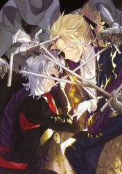  2boys 2others albino antonio_salieri_(fate) antonio_salieri_(second_ascension)_(fate) ascot bishounen black_background black_gloves black_jacket black_pants black_ribbon black_suit blonde_hair claws closed_eyes commentary_request covered_mouth crossed_swords eyes_in_shadow fate/grand_order fate_(series) feet_out_of_frame formal frilled_shirt_collar frills gauntlets gloves grey_cloak grey_headwear hair_between_eyes hair_ribbon half_updo hand_on_own_face hand_on_own_head hand_up hat holding holding_sword holding_weapon jacket lapels leaning_forward long_hair long_sleeves male_focus medallion medium_hair multiple_boys multiple_others out_of_frame pants parted_bangs parted_lips peaked_lapels pinstripe_jacket pinstripe_pattern pinstripe_suit ponytail purple_fur red_ascot red_eyes ribbon shirt smile star_(symbol) striped suit sword upper_body weapon white_ascot white_gloves white_hair white_shirt wolfgang_amadeus_mozart_(fate) yeonie 