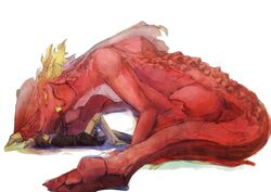  ambiguous_gender angelus brown_hair caim dragon drakengard duo feral hair hi_res horn human male mammal membrane_(anatomy) membranous_wings mythological_creature mythological_scalie mythology red_body red_scales scales scalie simple_background size_difference square_enix tail unknown_artist wings 