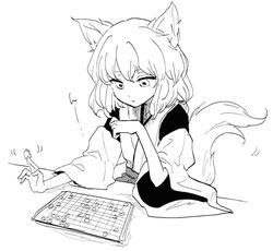  akizuki_maku animal_ears board_game commentary_request female greyscale holding inubashiri_momiji long_sleeves looking_down monochrome shogi short_hair simple_background solo tail touhou upper_body white_background wide_sleeves wolf_ears wolf_tail 