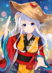  amigasa arm_up bad_perspective blue_eyes blush breasts brown_hat closed_mouth commentary_request female fingernails floral_print gyozanuko hair_between_eyes hair_ornament hat hat_ornament highres japanese_clothes kimono long_hair long_sleeves looking_at_viewer medium_breasts multicolored_clothes multicolored_kimono nail_polish obi one_side_up original print_kimono red_nails sash smile solo very_long_hair white_hair wide_sleeves yukata 