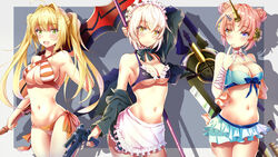  3girls apron artoria_pendragon_(alter_swimsuit_rider)_(fate) artoria_pendragon_(alter_swimsuit_rider)_(second_ascension)_(fate) artoria_pendragon_(fate) bad_id bad_pixiv_id bikini bikini_skirt black_bikini black_jacket blonde_hair blue_bikini blush breasts cleavage fate/apocrypha fate/extra fate/grand_order fate/stay_night fate_(series) frankenstein&#039;s_monster_(fate) frankenstein&#039;s_monster_(swimsuit_saber)_(fate) frankenstein&#039;s_monster_(swimsuit_saber)_(second_ascension)_(fate) frilled_apron frilled_bikini frilled_skirt frills green_eyes gun hair_bun hair_over_one_eye handgun heterochromia highres holding holding_gun holding_sword holding_weapon horns jacket large_breasts long_hair maid maid_bikini maid_headdress mechanical_horns medium_breasts multiple_girls navel nero_claudius_(fate) nero_claudius_(swimsuit_caster)_(fate) open_clothes open_jacket open_mouth pink_arm_warmers pink_hair short_hair single_hair_bun single_horn skirt smile standing striped_bikini striped_clothes swimsuit sword thighhighs tied_hair twintails unconventional_maid waist_apron weapon white_apron xi_zhujia_de_rbq yellow_eyes 