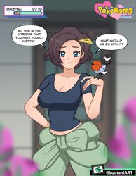  1girls big_breasts black_shirt blue_eyes blush breasts brown_hair curvy_figure english_text eye_contact female female_only fletchling gameplay_mechanics grace_(pokemon) health_bar human large_breasts looking_at_viewer loutaniart mature_female milf mother nintendo pale-skinned_female pale_skin pokemon pokemon_battle pokemon_xy short_hair solo speech_bubble text tight_shirt url 