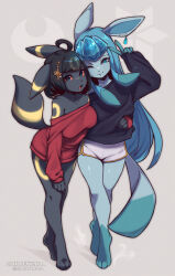  2024 4_toes 5_fingers anthro arm_around_another arm_around_waist black_hair blue_body blue_eyes blue_fur blue_hair blue_tail bottomwear breasts clothed clothed_anthro clothed_female clothing coffeechicken duo ear_piercing eeveelution feet female fingers front_view fully_clothed fully_clothed_anthro fully_clothed_female fur fur_markings generation_2_pokemon generation_4_pokemon glaceon grey_body grey_fur grey_tail hair hi_res long_hair looking_at_viewer markings nintendo open_mouth pants piercing pokemon pokemon_(species) raised_tail red_sclera shirt simple_background standing tail teeth toes tongue topwear umbreon 