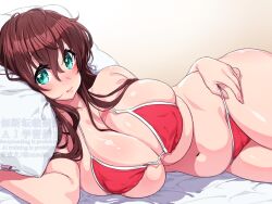  adjusting_clothes adjusting_swimsuit belly bikini bloom blush breasts brown_hair cleavage closed_mouth commentary_request covered_nipples eyebrows_hidden_by_hair female green_eyes hair_between_eyes highres huge_breasts lips long_hair looking_at_viewer lying navel on_side onsoku_inu original pillow red_bikini shadow simple_background skindentation solo stomach swimsuit 