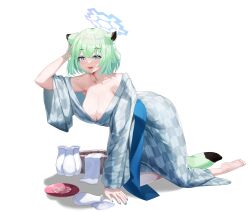  alternate_costume animal_ears bare_shoulders basket bath_yukata blue_archive blush breasts cleavage collarbone commentary cup female green_hair halo highres japanese_clothes kimono kneeling laku_mwa large_breasts looking_at_viewer medium_hair off_shoulder official_alternate_costume sakazuki shigure_(blue_archive) shigure_(hot_spring)_(blue_archive) spill tail tokkuri towel weasel_ears weasel_girl weasel_tail white_background yagasuri yukata 