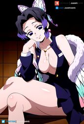  ai_generated black_hair butterfly_hair_ornament collar dress juanpi_amvs kimetsu_no_yaiba kochou_shinobu patreon patreon_username purple_eyes purple_tip shinobu shinobu_kocho short_hair uniform watermark 