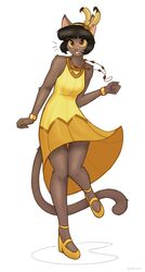    427deer armbands artist_name black_hair brown_eyes cat_ears cat_girl cat_humanoid cat_tail feminine_pose golden_dress high_heels ivy_pepper lackadaisy necklace no_sex short_hair shoulderless_dress small_breasts smiling thighs white_background yellow_dress yellow_headband yellow_headwear yellow_sclera yellow_shoes 