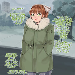  1female 1girl big_bow bow box_chan coat cold doki_doki_literature_club english_text female girl green_coat green_eyes hair_bow hair_intakes hairbow long_hair monika_(doki_doki_literature_club) sfw solo_female solo_focus text white_bow white_hair_bow 