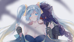  1boy 1boy1girl 1girls 2020 arm_sleeves armor bare_shoulder bare_shoulders big_breasts big_eyes black_hair blue_dress blue_eyes blue_hair blush cleavage collarbone domination dress emotionless eyebrows eyebrows_visible_through_hair eyelashes female female_focus flowing_hair fringe_hair gentle gloves gradient_hair holding_hands huge_breasts kayn kissing_neck large_breasts league_of_legends licking_neck long_hair looking_away male male_on_female neck pixiv ponytail red_eyes restrained riot_games shoulder_pad simple_background small_mouth soft_breasts sona_buvelle tongue twintails very_long_hair white_background yellow_hair 