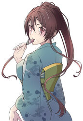  blue_kimono brown_eyes brown_hair dango eating female food hand_up highres japanese_clothes jigokuraku kimono kmdtkys ponytail seigaiha simple_background solo standing wagashi white_background yamada_asaemon_sagiri yukata 