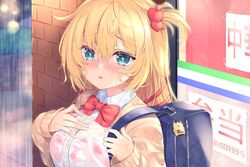  akai_haato aqua_eyes bag blonde_hair blurry blurry_background blush bow bowtie bra breasts cardigan carrying_bag charm_(object) chiyonekoko collared_shirt female hair_between_eyes hair_ornament hair_strand hairclip hand_on_own_chest hands_up highres hololive lace_trim lingerie long_hair long_sleeves looking_at_viewer medium_breasts multicolored_eyes one_side_up open_cardigan open_clothes parted_lips pillar rain red_bow red_bowtie red_bra see-through see-through_shirt shirt side_ponytail sidelocks solo standing underwear upper_body virtual_youtuber wet wet_clothes wet_shirt white_shirt zipper 