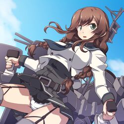  547th_sy black_shirt black_skirt black_thighhighs blue_necktie blue_sky braid breasts brown_hair cannon cloud cloudy_sky female green_eyes hair_between_eyes highres jacket kantai_collection large_breasts long_sleeves looking_at_viewer machinery necktie noshiro_(kancolle) noshiro_kai_ni_(kancolle) panties rigging sailor_collar shirt skirt sky smokestack solo thighhighs torpedo turret twin_braids underwear white_panties 