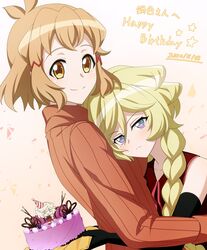  2girls bare_shoulders black_gloves blonde_hair blush braid braided_ponytail cake carol_malus_dienheim closed_mouth collarbone commentary_request dated elbow_gloves food gloves hair_ornament happy_birthday highres hug long_hair looking_at_viewer miona_yui mole mole_under_eye multiple_girls orange_sweater senki_zesshou_symphogear shiny_skin short_hair smile sweater tachibana_hibiki_(symphogear) yellow_eyes yuri 