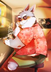  2020 anthro belly blush bottomwear bumomomoboa clothing english_text eyewear glasses group heart_symbol hi_res kemono lagomorph leporid male mammal overweight overweight_male rabbit shirt shorts sitting text topwear 