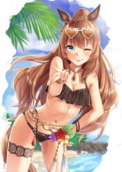  ;) animal_ears bare_shoulders bikini black_bikini blush breasts brown-tinted_eyewear brown_hair brown_nails cleavage closed_mouth commentary_request day eyewear_on_headwear female flower funyariko green_eyes hand_on_own_hip hand_up heart heart-shaped_eyewear highres horse_ears horse_girl horse_tail long_hair looking_at_viewer maruzensky_(blasting_off_summer_night)_(umamusume) maruzensky_(umamusume) medium_breasts nail_polish navel official_alternate_costume one_eye_closed outdoors ponytail purple_flower red_flower smile solo sunglasses swimsuit tail tinted_eyewear umamusume very_long_hair white-framed_eyewear yellow_flower 