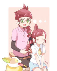  2girls :d black_shirt black_skirt blue_skirt blush border braid braiding_hair canine closed_eyes commentary_request gen_8_pokemon glasses green_eyes hair_tie hairdressing jewelry long_sleeves looking_at_another mei_(maysroom) mother_and_daughter multiple_girls neckerchief necklace oerba_yun_fang open_mouth pink_background pink_sweater pokemon pokemon_(anime) pokemon_(creature) pokemon_swsh_(anime) red_hair sakuragi_koharu sakuragi_yoshino shirt short_over_long_sleeves short_sleeves signature single_braid sitting skirt smile sweater white_border white_shirt yamper yellow_neckwear 