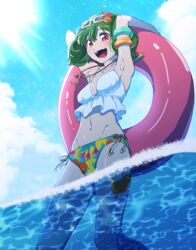  :d arm_strap armpits bikini bikini_bottom_only blush chaku_(horhor71) commentary eyewear_on_head female floating_hair flower green_hair hair_flower hair_ornament innertube looking_down macross macross_frontier midriff navel oosanshouuo-san open_mouth partially_submerged pink_flower ranka_lee red_eyes smile solo sunglasses swim_ring swimsuit uta_macross_sumaho_deculture yellow_flower 