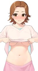  absurdres blush breasts brown_hair clothes_lift collarbone female forehead full-face_blush highres idolmaster idolmaster_cinderella_girls lifting_own_clothes looking_away medium_breasts midriff navel no_bra ohta_yuu onao parted_bangs pink_shirt pink_skirt shirt shirt_lift short_hair short_sleeves simple_background skirt solo stomach underboob v-neck white_background 