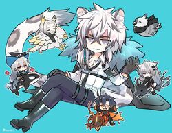  2girls 3boys :d :o animal animal_ear_fluff animal_ears arknights bad_id bad_pixiv_id beard bird black_cape black_footwear black_gloves black_headwear black_jacket black_necktie black_pants blue_background boots cape chibi closed_eyes closed_mouth collared_shirt commentary_request crossed_legs facial_hair fire flamebringer_(arknights) fur-trimmed_cape fur_trim gloves grey_eyes grey_hair grin hair_ornament hairclip hand_on_own_knee hand_up hat hellagur_(arknights) high_heel_boots high_heels horns jacket lappland_(arknights) long_sleeves looking_at_viewer mashiro_miru mini_person miniboy minigirl moustache multicolored_hair multiple_boys multiple_girls necktie oerba_yun_fang open_mouth orca outstretched_arms pants parted_lips red_eyes scar scar_across_eye scar_on_face sharp_teeth shirt silverash_(arknights) silverash_(elite_ii)_(arknights) simple_background single_horn skadi_(arknights) smile snow_leopard_boy snow_leopard_ears snow_leopard_tail spread_arms tail teeth tenzin_(arknights) twitter_username two-tone_hair white_hair white_shirt winged_animal 