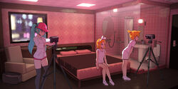  1boy 2girls abubu aqua_hair bed black_legwear blonde_hair brother_and_sister couch hairband hatsune_miku highres hotel_room kagamine_len kagamine_rin long_hair multiple_girls on_bed short_hair shorts siblings sitting skirt standing thighhighs twintails video_camera vocaloid white_hairband white_shorts white_skirt 