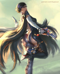  ankle_gun argyle_cutout ass back back_cutout backlighting bayonetta bayonetta_(series) bayonetta_2 black_hair bodysuit breasts clothing_cutout covered_nipples day earrings elbow_gloves female finger_on_trigger glasses gloves highres jewelry kupocun large_breasts lips looking_at_viewer looking_back nose patreon_username photoshop_(medium) pink_lips pixie_cut quadruple_wielding revealing_clothes short_hair skin_tight solo thighs white_gloves wrist_cuffs 