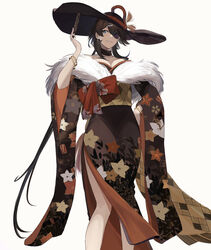  absurdres azur_lane bare_shoulders black_headwear blue_eyes bracelet breasts brown_hair brown_kimono brown_sleeves cleavage earrings eyepatch feet_out_of_frame female floral_print folded_fan folding_fan fur-trimmed_kimono fur_trim georgia_(azur_lane) georgia_(exalted_vibrance)_(azur_lane) grin hand_fan hand_on_own_hip highres japanese_clothes jewelry kimono large_breasts large_hat long_hair mikai_2035 official_alternate_costume side_slit simple_background smile solo standing white_background wide_sleeves 