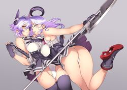  2girls ankle_boots armpit_crease ass bare_arms bare_legs bare_shoulders black_gloves black_skirt black_thighhighs boots breasts checkered_clothes checkered_necktie covered_nipples eyepatch glaive_(polearm) gloves grey_background grin hair_intakes halo headgear heel-less_heels high-waist_skirt high_heel_boots high_heels kantai_collection large_breasts leaning_on_person long_hair looking_back mechanical_halo miniskirt multiple_girls necktie nishieda panties pantyshot partially_fingerless_gloves pleated_skirt polearm purple_hair shiny_skin shirt short_hair simple_background skirt sleeveless sleeveless_shirt smile tatsuta_(kancolle) tatsuta_kai_ni_(kancolle) tenryuu_(kancolle) tenryuu_kai_ni_(kancolle) thighhighs thong underwear upskirt weapon white_panties yellow_eyes 