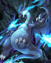  absurdres blue_fire breath_weapon breathing_fire bright_pupils cave_interior charizard claws commentary dated dragon fangs fire flame-tipped_tail highres katkichi looking_down mega_charizard_x mega_pokemon no_humans open_mouth pokemon pokemon_(creature) red_eyes signature solo tongue white_pupils 