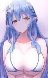  bikini blue_hair braid breasts embarrassed female flower french_braid hair_flower hair_ornament highres hololive huge_breasts kousi_sirazawa long_hair looking_at_viewer pointy_ears swimsuit very_long_hair virtual_youtuber white_bikini yellow_eyes yukihana_lamy 