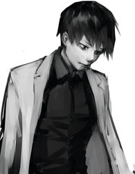  1boy closed_mouth collared_shirt commentary_request greyscale jacket jacket_on_shoulders looking_down male_focus mole mole_under_eye monochrome shiromi_(ringo) shirt short_hair solo tokyo_ghoul tokyo_ghoul:re upper_body urie_kuki 