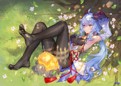  ahoge arm_up armpits atdan bare_shoulders bell black_legwear black_leotard blue_hair breasts cowbell day detached_collar detached_sleeves feet female fine_fabric_emphasis flower ganyu_(genshin_impact) gem genshin_impact goat_horns gold_trim highres horns knees_up leaf leg_up leotard long_hair long_sleeves low_ponytail lying medium_breasts no_shoes on_back outdoors pantyhose purple_eyes rock rope signature solo sunlight tassel tree tree_shade waist_cape white_flower 