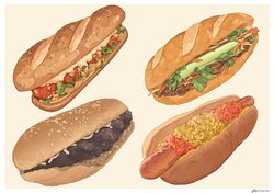  bad_id bad_twitter_id banh_mi beige_background bread bread_bun carrot cucumber cucumber_slice fajar_kurniawan food food_focus hot_dog meat no_humans onion original pastry sandwich sauce sausage sesame_seeds signature simple_background still_life vegetable 