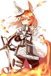  animal_ears arknights crossed_arms female fire flametail_(arknights) gambeson gauntlets hellnyaa padded_armor pouch red_hair smile solo squirrel_ears squirrel_tail sword tail thigh_pouch weapon white_background 