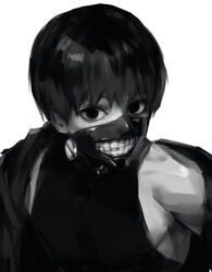  1boy bare_shoulders grey_background greyscale grin jacket kaneki_ken looking_at_viewer male_focus mask monochrome mouth_mask shiromi_(ringo) shirt short_hair simple_background sleeveless sleeveless_shirt smile solo teeth_print tokyo_ghoul upper_body 