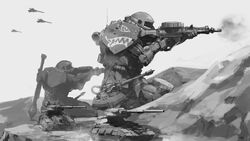  aircraft airplane commentary_request fighter_jet from_side greyscale gun gundam holding holding_gun holding_weapon holstered inata_wataru jet magella_attack mecha military military_vehicle mobile_suit_gundam monochrome motor_vehicle no_humans robot science_fiction tank tank_turret war weapon zaku zeon 