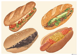  bad_id bad_pixiv_id banh_mi beige_background bread bread_bun carrot cucumber cucumber_slice fajar_kurniawan food food_focus hot_dog meat no_humans onion original pastry sandwich sauce sausage sesame_seeds signature simple_background still_life vegetable 