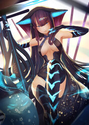  backlighting bare_shoulders black_dress black_gloves black_headwear black_legwear blue_eyes blunt_bangs blush breasts center_opening dress elbow_gloves fate/grand_order fate_(series) female floral_print flute gloves hair_ornament hand_up highres instrument knee_up large_breasts leaf_hair_ornament long_hair looking_at_viewer okoru_ringo parted_lips pipa_(instrument) purple_hair sitting smile thighhighs thighs very_long_hair yang_guifei_(fate) yang_guifei_(third_ascension)_(fate) 