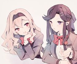  2girls :d black_hairband blonde_hair blush bow bowtie breast_pocket brown_hair collared_shirt elbows_on_table gradient_background grey_background grey_jacket hair_between_eyes hair_ornament hairband hairbow half_updo hand_on_own_chin hand_on_table hand_up head_rest jacket long_hair long_sleeves looking_at_another multiple_girls open_clothes open_jacket open_mouth parted_bangs parted_lips pocket purple_bow purple_eyes red_bow red_bowtie red_eyes saijou_claudine school_uniform seishou_music_academy_uniform shirt shoujo_kageki_revue_starlight side-by-side smile table tendou_maya upper_body v-shaped_eyebrows wato_(ko) wavy_hair white_shirt x_hair_ornament 