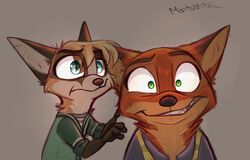  2020 anthro brown_background canid canine clothed clothing disney duo fan_character fox fur green_eyes lolicon looking_at_viewer male mammal nick_wilde orange_body orange_fur red_fox signature simple_background teeth true_fox xx-junglebeatz-xx yellow_body yellow_fur young zootopia 