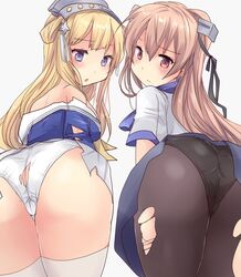  2girls ass black_panties black_pantyhose blonde_hair blue_eyes blue_shirt blue_skirt brown_eyes commentary_request cowboy_shot double_bun fletcher_(kancolle) fletcher_mk_ii_(kancolle) from_behind grey_background hair_bun hair_ornament hairband highres hirune_(konekonelkk) johnston_(kancolle) kantai_collection light_brown_hair long_hair looking_at_viewer looking_back multiple_girls neckerchief off_shoulder panties panties_under_pantyhose pantyhose pleated_skirt sailor_collar school_uniform serafuku shirt simple_background skirt standing star_(symbol) star_hair_ornament thighhighs torn_clothes torn_pantyhose two_side_up underwear white_panties white_sailor_collar white_shirt white_skirt white_thighhighs yellow_neckerchief 