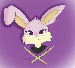  2023 anthro black_clothing black_topwear bust_portrait cheek_tuft clothing digital_drawing_(artwork) digital_media_(artwork) drumming_stick facial_tuft female floppy_ears fur gradient_background happy head_tuft lagomorph leporid long_ears mammal percussion_mallet pink_body pink_fur portrait purple_background purple_eyes rabbit riley_(scratch21) scratch21 signature simple_background smile solo tan_body tan_fur topwear tuft vera_accalia 