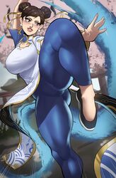  absurdres arm_up blue_leggings blush breasts brown_eyes brown_hair china_dress chinese_clothes chun-li double_bun dress earrings echo_saber english_commentary female fighting_stance hair_bun hair_ribbon highres jewelry knee_up leggings nose_blush ribbon standing standing_on_one_leg street_fighter street_fighter_6 white_dress yellow_ribbon 