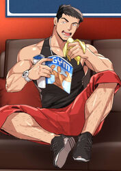  1boy armpit_hair armpit_peek banana bara black_footwear black_hair black_tank_top couch eating ero_condo facial_hair food fruit highres holding holding_food holding_fruit holding_magazine kienbiu magazine_(object) male_focus muscular muscular_male nguyen_hoan_(ero_condo) official_art on_couch open_magazine open_mouth red_shorts shoes short_hair shorts sitting sneakers solo tank_top watch wristwatch 