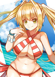  absurdres ahoge bare_shoulders bikini blonde_hair blue_sky bracelet breasts closed_mouth cloud criss-cross_halter day earrings fate/grand_order fate_(series) female fingernails green_eyes groin hair_intakes halterneck hand_up highres imuzi jewelry large_breasts long_hair navel nero_claudius_(fate) nero_claudius_(swimsuit_caster)_(fate) ocean outdoors sky sling_bikini_top smile solo striped_bikini striped_clothes swimsuit twintails very_long_hair water 