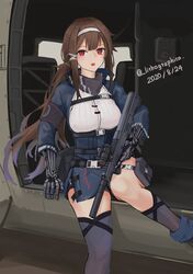  absurdres asymmetrical_legwear black_legwear blue_jacket breasts brown_hair dated female girls&#039;_frontline gun hairband highres holding holding_gun holding_weapon jacket js_9_(girls&#039;_frontline) kneehighs lithographica long_hair open_mouth ponytail prosthesis prosthetic_arm qcw-05 red_eyes sidelocks single_kneehigh single_sock single_thighhigh skirt socks solo thighhighs twitter_username uneven_legwear weapon white_hairband 