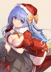  bison_cangshu blue_eyes blue_hair boots box breasts christmas christmas_present cross-laced_footwear date_a_live dotted_background elbow_gloves female finger_to_mouth gift gift_box gloves hat highres izayoi_miku lace-up_boots large_breasts long_hair looking_at_viewer red_headwear ribbon sack santa_hat wavy_hair white_gloves 