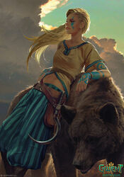  akreon animal bear belt blonde_hair blue_pants blue_sky boots breasts brown_belt brown_footwear cloud collarbone commentary company_name copyright_name crop_top cropped_shirt english_commentary facial_mark female gedyneith_flaminica gwent_(game) highres leaning_back long_hair looking_away midriff navel official_art outdoors pants parted_lips shadow short_sleeves sickle sky smile solo standing stomach striped_clothes striped_pants sunlight the_witcher_(series) watermark wind wristwear 