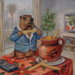  1:1 2023 biped black_nose brown_body clothed clothing detailed_background eating electronics feral gouache_(artwork) grinch ground_squirrel groundhog hi_res inside joaquincarre mammal marmot painting_(artwork) rodent sciurid shaded solo sugar_cane television traditional_media_(artwork) 